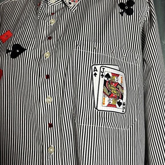Get Lucky Womens Button Down Shirt Striped Small Embroidered Cards Black Small - Picture 3 of 15